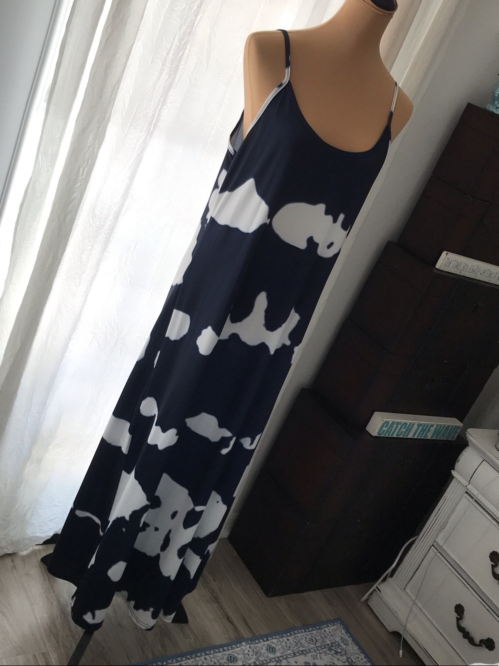 Dark Navy Blue & White Abstract Print Maxi Slip Dress